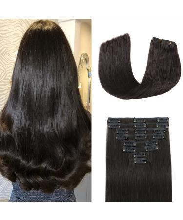 Clip in Real Double Weft Handmade Straight Hair Extensions 8pcs 70g 100% Brazilian Virgin Human Hair for Women(1B Natural Black 20inch) 20 Inch 1B-Natural Black