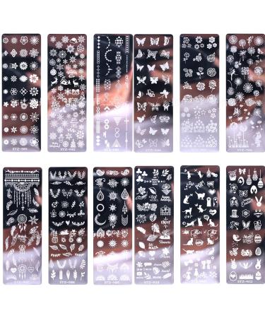 12 PCS Nail Stamp Templates Nail Stamping Plates Set 1stamper 1scraper 20Fake Nails- Art Stamping with Flower Butterfly Animal Design Metal Image Nail Plates for Decorating Kit Polish Gel Template