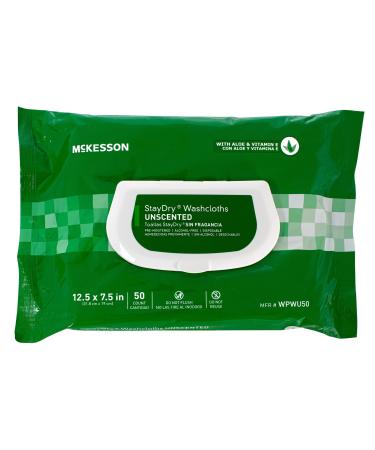 McKesson StayDry Washcloths, Disposable - for All-Over Body Use, Pre-Moistened with Aloe and Vitamin E - Unscented, 7 1/2 in x 12 1/2 in, 50 Wipes, 12 Packs, 600 Total 1 Count (Pack of 600)