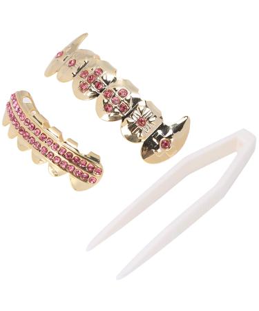 Gold Teeth Grillz Set Gold Teeth Brace Set for Men Women Metal Teeth Decoration Jewelry for Halloween Party Hip Hop Show(Pink)