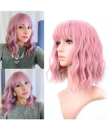 VCKOVCKO Pastel Wavy Wig With Air Bangs Womens Short Bob Purple Pink Wigs Curly Wavy Shoulder Length Pastel Bob Synthetic Cosplay Wig for Girls Daily Use Colorful Wigs(12 Purple Pink) A-Purple Pink