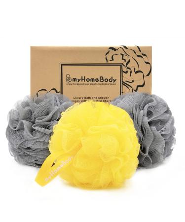 Large 70g Loofah Sponge, Body Scrubber, Bath Sponge, Loofah for Women, Men | Exfoliating Sponge - Body Wash Shower Pouf with Activated Charcoal -2 Ultimate Gray + 1 Illuminating Yellow, 3 Pack