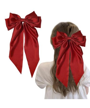 Red Hair Bow Big Hair Bows for Women Solid Color Bow Hair Clips with Long Ribbon French Red Bow Hair Clip Soft Satin Silky Hair Bows Cute Gifts for Women Girls (Red)