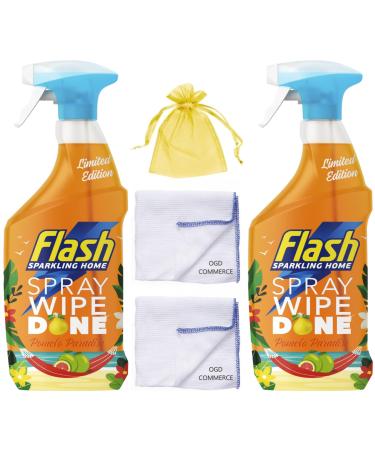Flash Sparkling Home Wipe&Done Multi-Surface Cleaner Spray 800ml Pomelo Paradise Scent in Limited Edition Pack of 2 + Gift for You: 2x Cleaning Cloth + Organza Small Bag