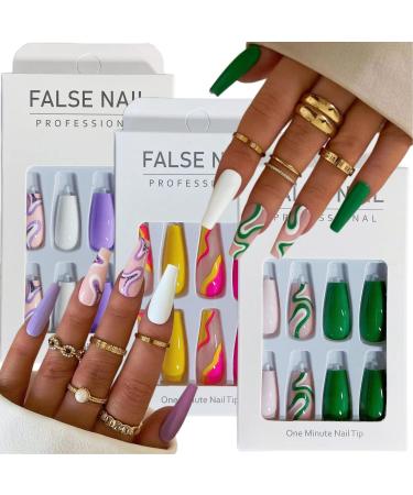 3Packs (72Pcs) Press on Nails Medium Full Cover Coffin Fake Nails Medium Length Glossy Stick on Nails French False Nails with Colorful Stripes Designs Acrylic Nails for Women and Girls set1