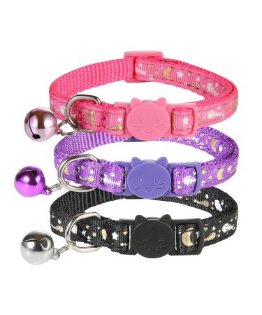 SLSON 3 Pack Cat Collar Breakaway Kitten Collar with Bell Moon Star and Fish Bone Pattern Cat Collars Glow in Dark Adjustable from 18-28cm Purple Pink Black