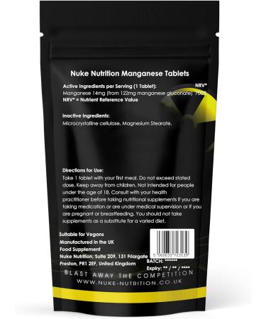 Nuke Nutrition Manganese 14mg - 60 Tablets - Manganese Supplement to Support Strong Bones & Metabolism - Antioxidant to Protect Immunity - Highly Bioavailable Form for Rapid Absorption 60 count (Pack of 1) - Buy Online on GoSupps.com