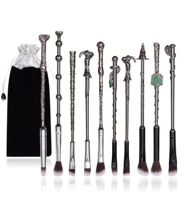 10Pcs Wizard Makeup Brushes Set 3D Silver Handle Metal Wand with Theme Bag Anime Cosmetic Brushes for Powder Eyeshadow Lips Eyeliner Portable Makeup Brush Set Gift for Girl Women (Silver)