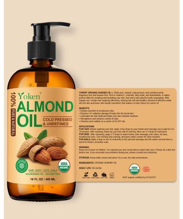 Organic Almond Oil 16 fl oz USDA 100% Pure Cold Pressed Almond Oils in Glass Bottle Natural Moisturizer for Face Hair & Body Ideal Carrier Oil for Skin Care DIY Beauty & Soothing Massage 16 Fl Oz (Pack of 1) - Buy Online on GoSupps.com