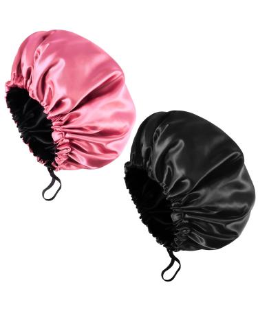 Fuyamp 2 Packs Satin Sleep Cap Adjustable Silky Sleep Bonnet for Women Long Curly Hair Double-Sided Waterproof Satin Hair Cap Extra Large Sleep Satin Bonnet for Women Girls Sleeping Black+Pink