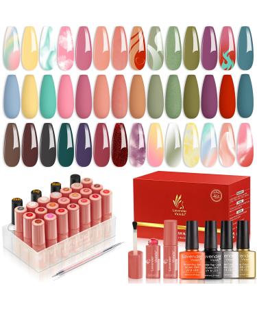Lavender Violets 25 Pcs Gel Nail Polish Jelly desserts Colours Semi-glittery Blooming Gel Base Coat Glossy n Matte Top Coat Dotting Drawing Nail Brush Manicure Soak Off UV LED Varnish C408