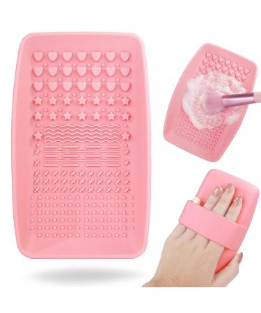 Makeup Brush Cleaning Mat  Silicone Make up Brush Cleaner Pad  Paint Brush Cleaner Tool with Back Strap  Portable Beauty Makeup Washing Tool Makeup Brushes for All Brushes (Pink)