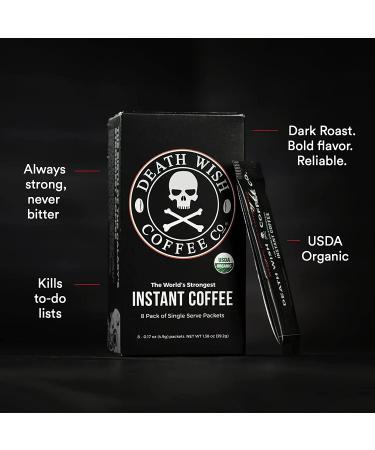 Death Wish Coffee Instant Dark Roast - 8 Single Serve Packets | USDA Organic Blend of Arabica & Robusta with 300mg Caffeine | World's Strongest Coffee - Bold & Intense - Buy Online on GoSupps.com