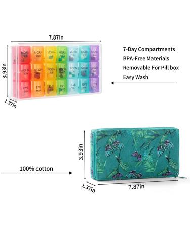 Weekly Pill Organizer 3 Times a Day | Travel Pill Case with Quilted Zipper Bag | 7 Day Vitamin & Medicine Organizer - Green Butterfly - Buy Online on GoSupps.com