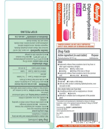 Rugby Diphenhydramine HCl 25mg Antihistamine Allergy Relief - 100 Tablets | Fast-Acting Formula - Buy Online on GoSupps.com