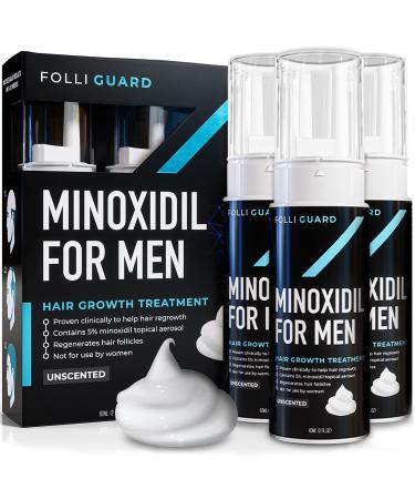 Minoxidil 5% Foam (3 Month Supply) by FolliGuard - Aerosol Foam Hair Regrowth Treatment for Men with Added Biotin and Herbs - Extra Strength for Men