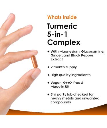 Turmeric 5-in-1 Complex - 5000mg Turmeric Capsules High Strength Enriched with Magnesium & Glucosamine Sulphate - Added Ginger Capsules + Black Pepper Curcumin Supplement - Vegan Supplement - Buy Online on GoSupps.com