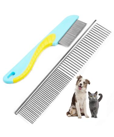 2 Pack Dog Combs, Premium Cat Comb for Removing Tangles, Knots and Floating Hair. Stainless Steel Dog Grooming Tools, Metal Flea Comb, Pet Combs with Rounded Teeth.
