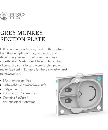 Matchstick Monkey Anti-Slip 3-Section Plate - Grey | 100% Silicone, BPA Free | Antimicrobial | for 12 Months - Buy Online on GoSupps.com