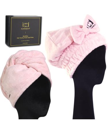 ICANdOIT Super Absorb Microfiber Hair Towel and Cap for All Hair Style Bow&Button-Loop Design 2 Pack Quick Drying Hair Turban-Perfect for Women and Kids(Lightpink) Cap+towel:lightpink