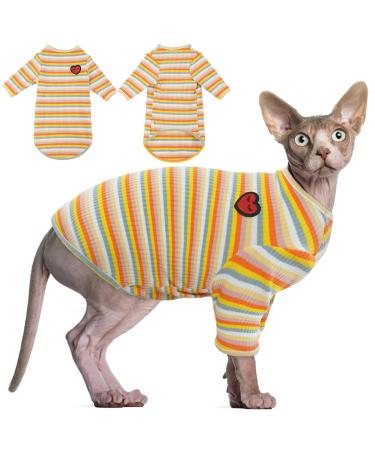 Hairless cat cotton clothing breathable summer t-shirts stripes vest pet clothing soft skin-friendly cat-friendly cat clothing cat pajama jumpsuit for sphynx cornish rex devon rex xs (2.2-3.3lb) yellow