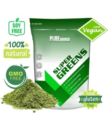 Pure Source Nutrition Vegan Super Greens Powder 18 Superfoods Supergreens Blend Green Tea Maca Inulin Wheat Grass Alfalfa Barley Grass Moringa Spirulina Hemp Seed Powder (250 g) - Buy Online on GoSupps.com
