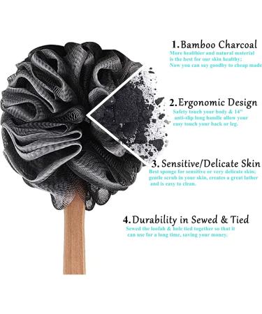 2pcs Bamboo Charcoal Loofah Back Scrubber Shower Brush for Sensitive Skin - Waterproof Handle - Buy Online on GoSupps.com