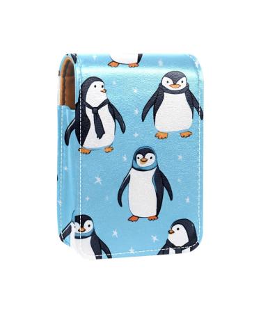 Lipstick Case Leather Lip Gloss Lipstick Organizer with Mirror Mini Lipstick Holder Bag Blue Background Penguins O011h2nrux