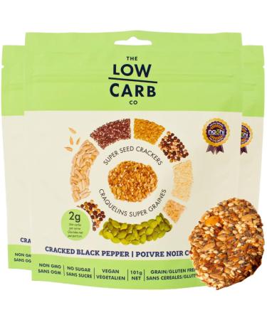 The Low Carb Co Super Seed Crackers Gluten Free and Keto Friendly Healthy Snacks Vegan Zero Sugar Paleo and Diabetic Friendly Nut Free High Protein Crackers with Fibre - Cracked Black Pepper 101g (Pack of 3)