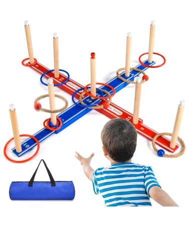 Outdoor Games for Kids 3-12: FunforFun! Upgraded Large Wooden Ring Toss Game with 30 Rings for Kid 5-9 Adults Yard Game for Family Outside Toys for 10 11 12 Years Old Boy Easter Gifts for Kid Age 8-12 Red-blue