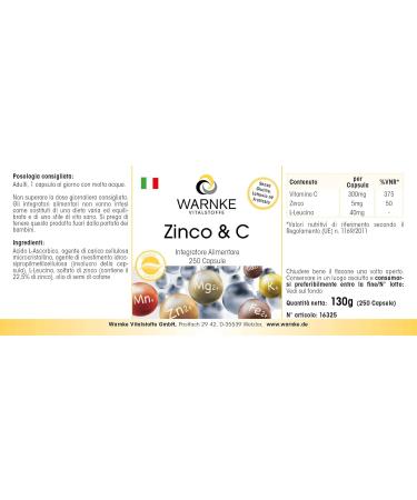 Zinc and vitamin C 300 mg - vitamin C - 5 mg zinc - 250 capsules - Vegetarian | Warnke Vitalstoffe - Quality from German pharmacies - Buy Online on GoSupps.com