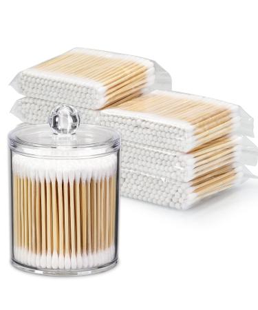 700 Count Cotton Swabs with 1 Dispenser Holder - Bamboo Sticks Cotton Swabs for Ears - Double Round Thick Cotton Buds Suitable for Makeup and Cleaning - Clear Plastic Apothecary Jar Containers