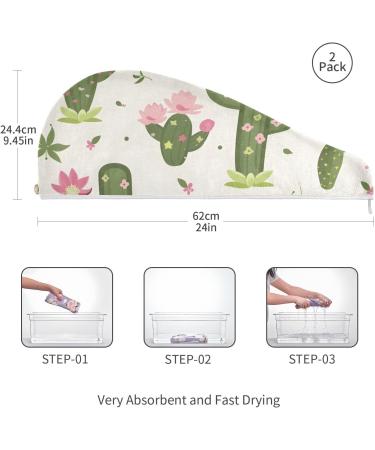 Green Cactus & Pink Flowers Hair Towels - Super Absorbent Quick Dry Hair Turbans 2 Pack for Women & Girls - Buy Online on GoSupps.com