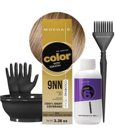 MOEHAIR Hair Coloring Kit | 9NN Permanent Hair Color (Very Light Blonde Intense) 20 Volume Developer 6% Coloring Brush Gloves & Mixing Bowl| Keratin Infused Color | Gray Coverage | Adds Shines 9NN (Very Light Blonde Intense)