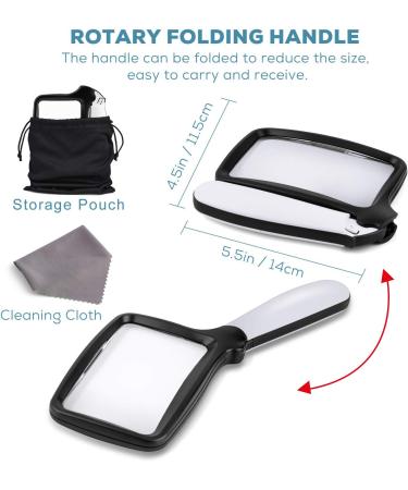 Folding Handheld Magnifying Glass with Dimmable LED Light - 3X Large Rectangle Reading Magnifier for Seniors with Macular Degeneration - Ideal for Newspaper, Books, Small Print - Lighted Gift for Low Vision - Black and White - Buy Online on GoSupps.com