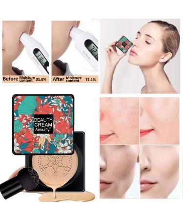 2 PCS Air Cushion CC Cream Set with Mushroom Makeup Sponge - Moisturizing BB Cream for Long Lasting Matte Finish and Bright Makeup Base - Includes Powder Brush - Natural Shade - Buy Online on GoSupps.com