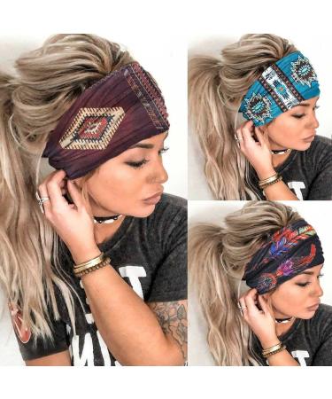 GORTIN Boho Headbands Green Stretch Wide Hair Bands Feather Print Turban Headband Yoga Head Wraps Elastic Head Band for Women and Girls Pack of 3 (Set 3)