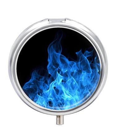 Round Pill Box Blue Flame Print 3 Compartment Medicine Pill Case Print Pill Organizer Decorative Metal Portable Pill Box Pocket Pill Box