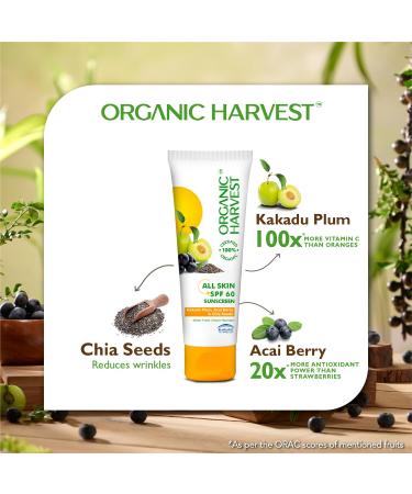 Organic Harvest Sunscreen SPF 60 For All Skin Type | For Women & Men with Blue Light Technology Protects From Harmful UVA & UVB Rays | 100% American Certified Organic Sulphate & Paraben Free - 100gm SPF 60 All Skin Type - Buy Online on GoSupps.com