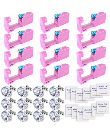 Self Ear Piercing Gun Kit - 36 Pieces with 12 Guns  12 Silver Diamond Stud Earrings  and 12 Alcohol Pads - Perfect for Salon and Home Use Type B