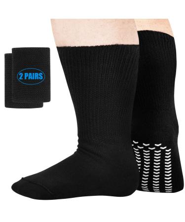 2 Pairs Extra Wide Socks for Swollen Feet Diabetic Socks for Men Women with Non-Skid Grips Hospital Sock One Size Unisex 2 Pairs Black