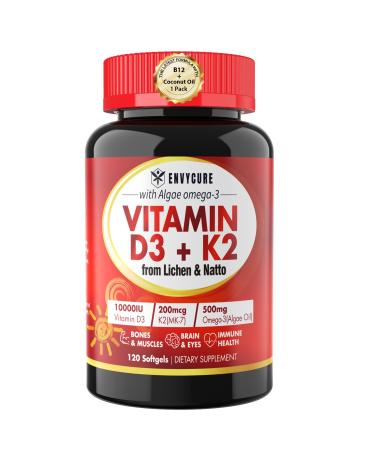 Plant-Based Vitamin D3 K2 Supplement Softgel - Vit D3 10000 Iu + Vitamin K2 Mk7 200 Mcg Algae Omega-3 Magnesium Vitamin B12 For Bone & Muscle Immune Support Max Absorption Easy To Swallow 1pack 120 Count (Pack of 1)