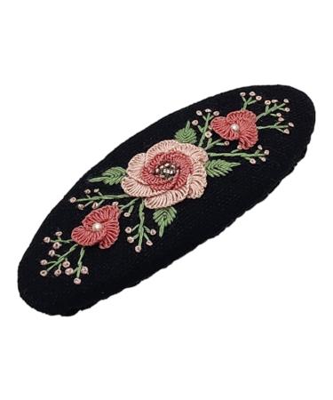 Rose Flower Pattern Embroidered Oval-Shaped French Hair Barrette Clips Poppy Flower Design Fashion Embroidered Cute Hair Clips Colorful Embroidered Hair Barrettes for Girls and Women (Black 1)
