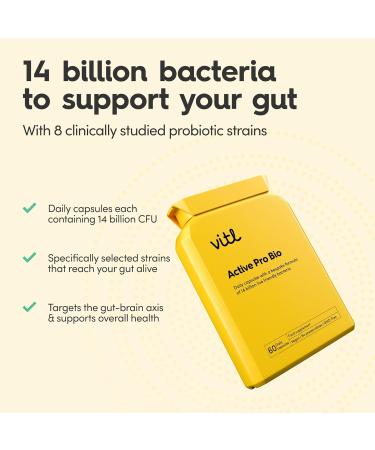 Vitl Active Pro Bio Probiotic Daily Supplement - 60 High-Strength Capsules with 14 Billion Live Cultures Per Tablet - Help Keep Your Gut Healthy - Strengthen Immunity & Support Brain Function Active Pro Bio 60 count (Pack of 1) - Buy Online on GoSupps.com