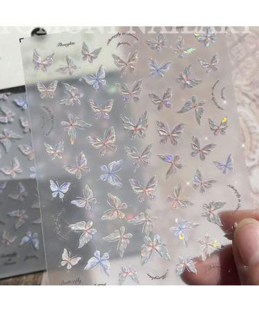 6 Sheets Butterflies Nail Art Stickers 3D Self-Adhesive Shining Aurora Shell Nail Decals for Women Laser Butterfly Design for DIY Nail Supplies Decoration