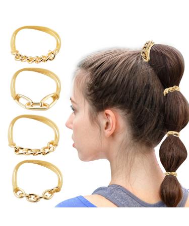 Gold Bracelet Hair Ties for Women - 4 PCS Fashion Jewelry Hair Elastics & Ties for Girls Favorite Things with Beige Elastic  Bracelet Ponytail Holder for Thick Thin Hair  Great Gifts