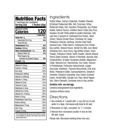 WonderSlim Instant Mashed Potatoes  Bacon & White Cheddar - 1g Fat  12g Protein  2g Fiber (7ct) Cheddar & Bacon 1 Box - 7 Count - Buy Online on GoSupps.com