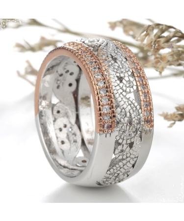 Aotiwe Women's Wide Hollow Pattern Wedding Ring - Silver with White Round Cut Zirconia (Size 54) - Elegant & Stylish International Shipping - Buy Online on GoSupps.com
