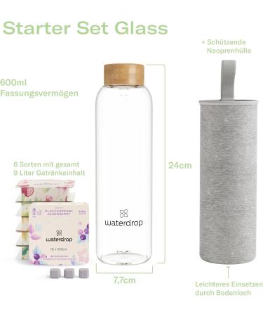 Waterdrop Starter Set Glass - 600ml Bottle + 18 Sugar-Free Microdrinks | 6 Fruity Varieties | Eco-Friendly & Carbon Dioxide Safe - Buy Online on GoSupps.com