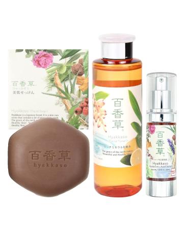 Acne face wash soap bar Japanese Skin care products Sensitive Skin Facial Soap 80g 2.8Oz Hyaluronic Acid Facial Toner 200ml 6.76fl oz Herbs Serum 30ml 1.01fl oz Acne Care Hyakkaso